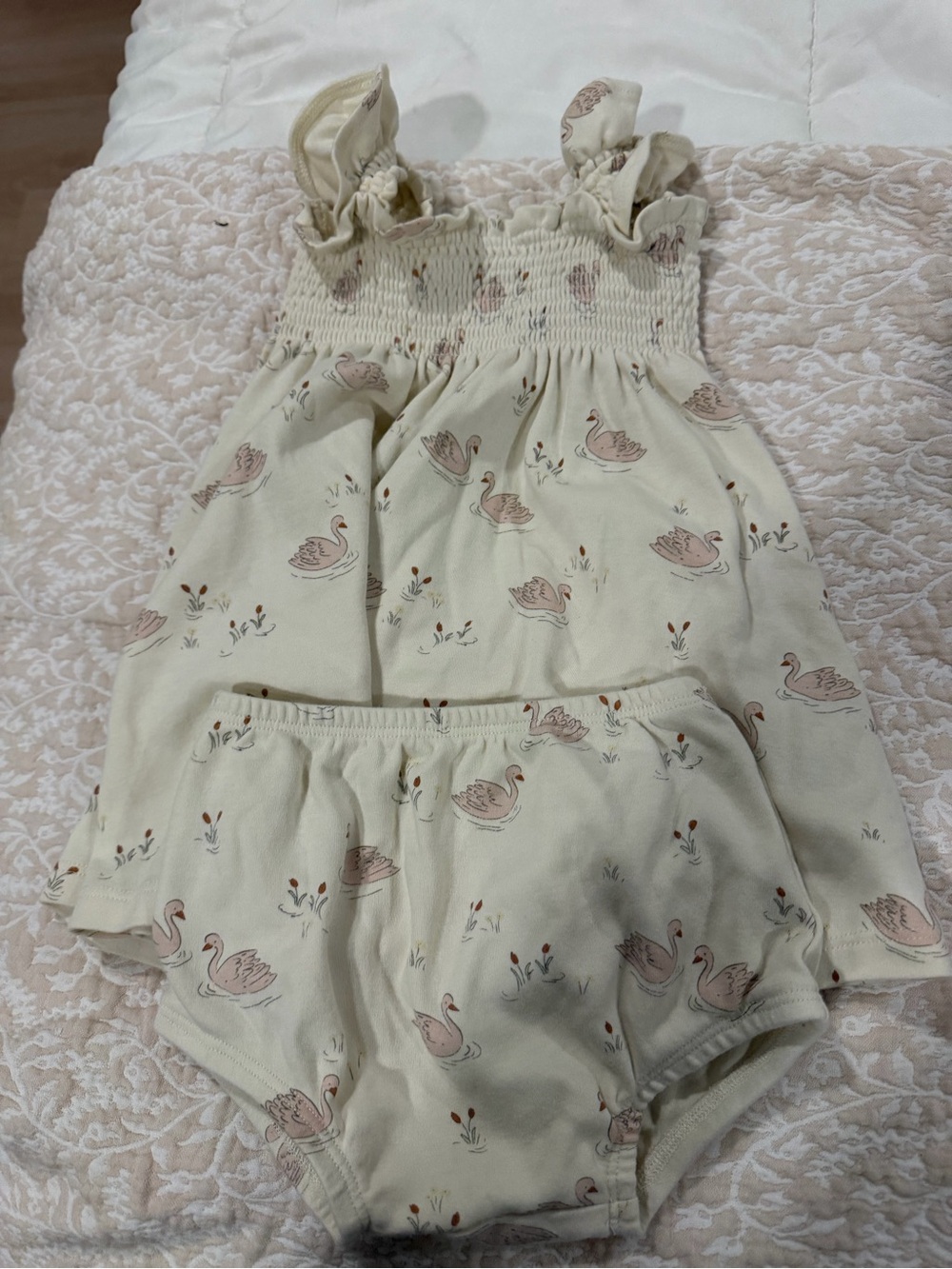 Quincy Mae Cream Dress & Bloomers with Pink Swan Print